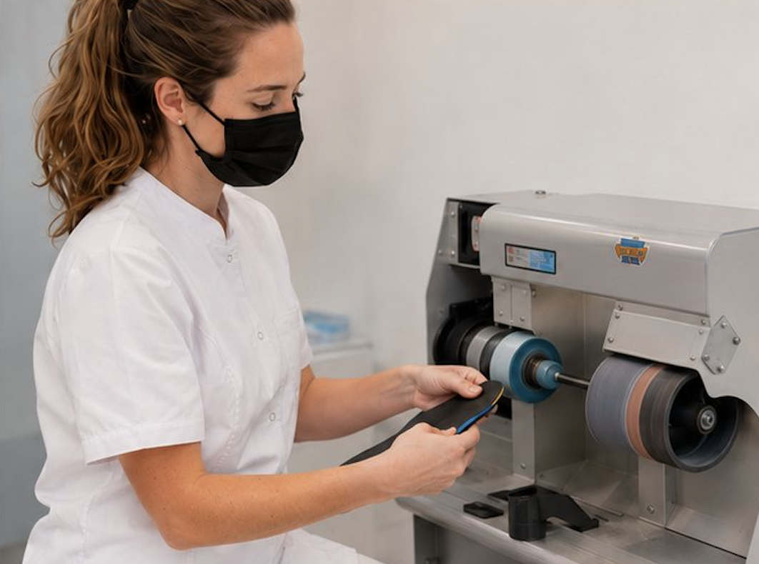 Ponçage d'une semelle orthopédique à l'atelier